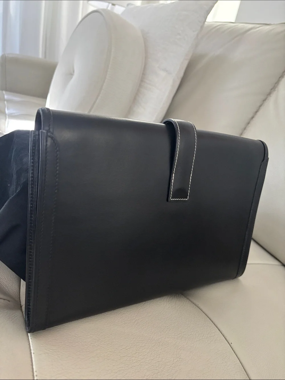 Hermes Black Leather Clutch with White Contrast Stitching